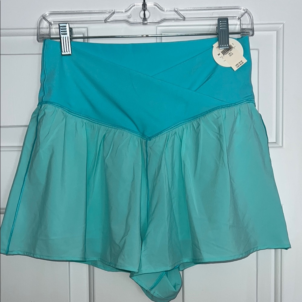 Turquoise Shorts with Overlap Waistband